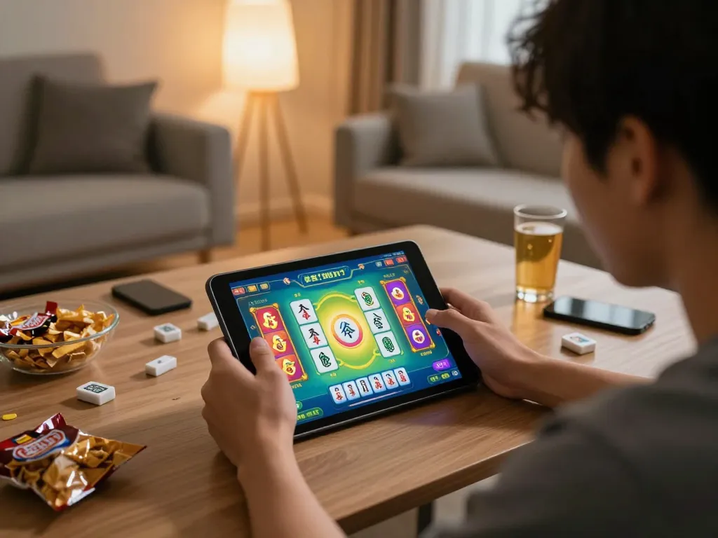 Player enjoying situs gacor Mahjong slot game on tablet in cozy living room