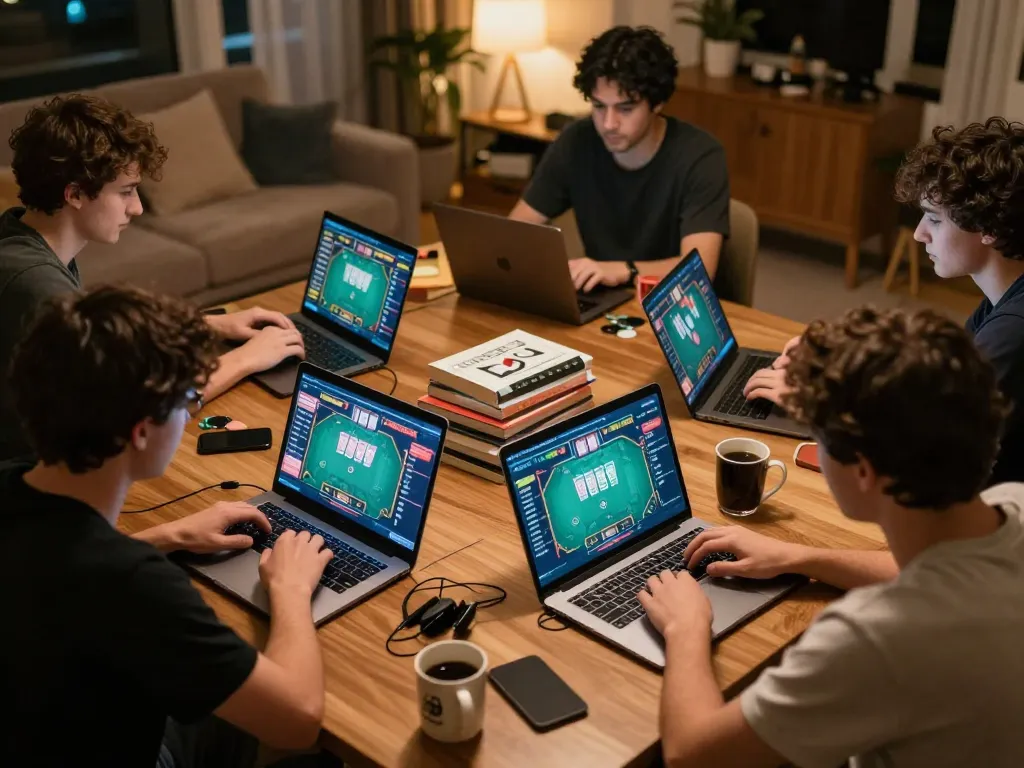 Engaged players participating in an online poker tournament showcasing VA88 at their home setups