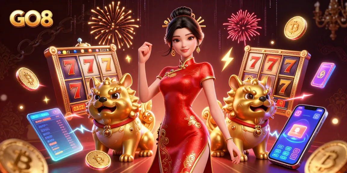 Engage in the exhilarating gaming experience at GO8 with vibrant slot machines and eye-catching cryptocurrencies.