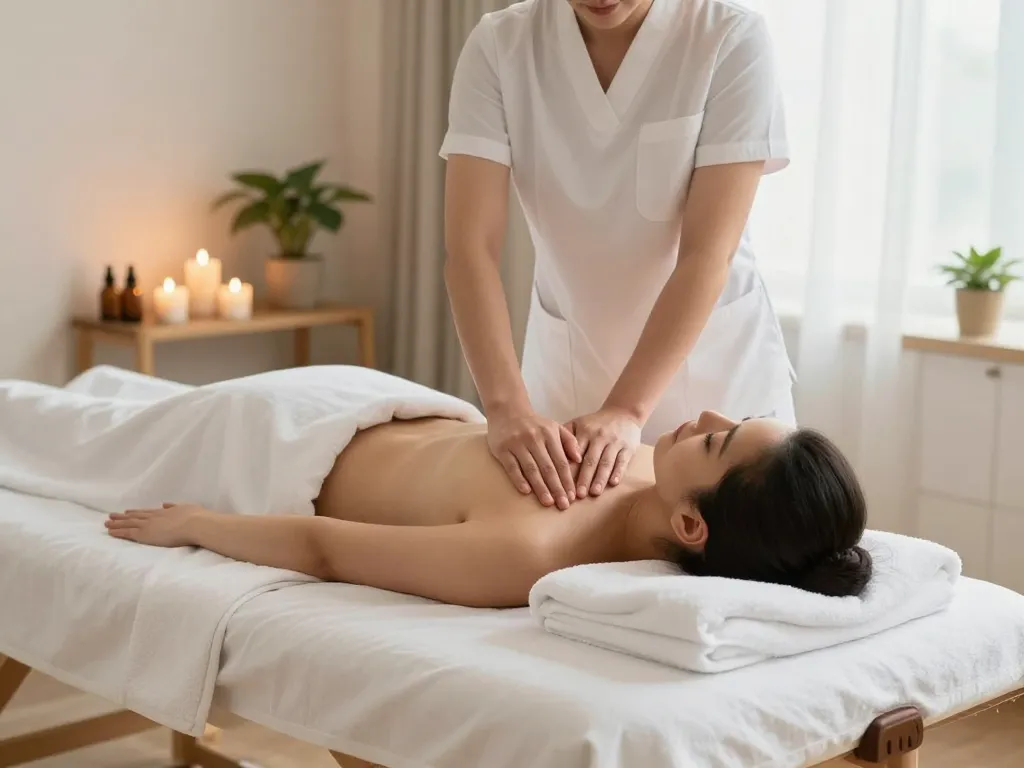 치평동마사지 session in a serene spa atmosphere with calming elements and professional therapist.