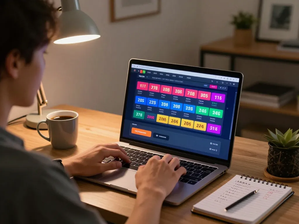 Togel player analyzing betting options on a laptop in a cozy home office.