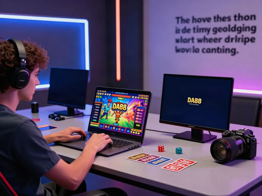 Player enjoying DA88 online slot games on a laptop in a dynamic gaming space.