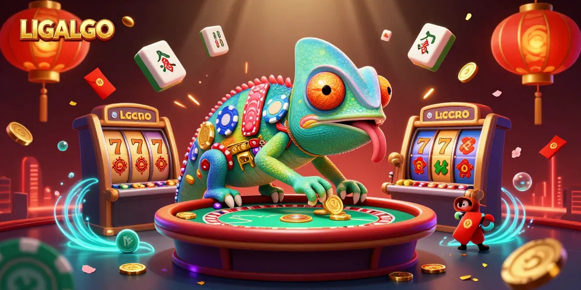 LIGALGO casino owner chameleon captures golden coins in a vibrant slot gaming scene