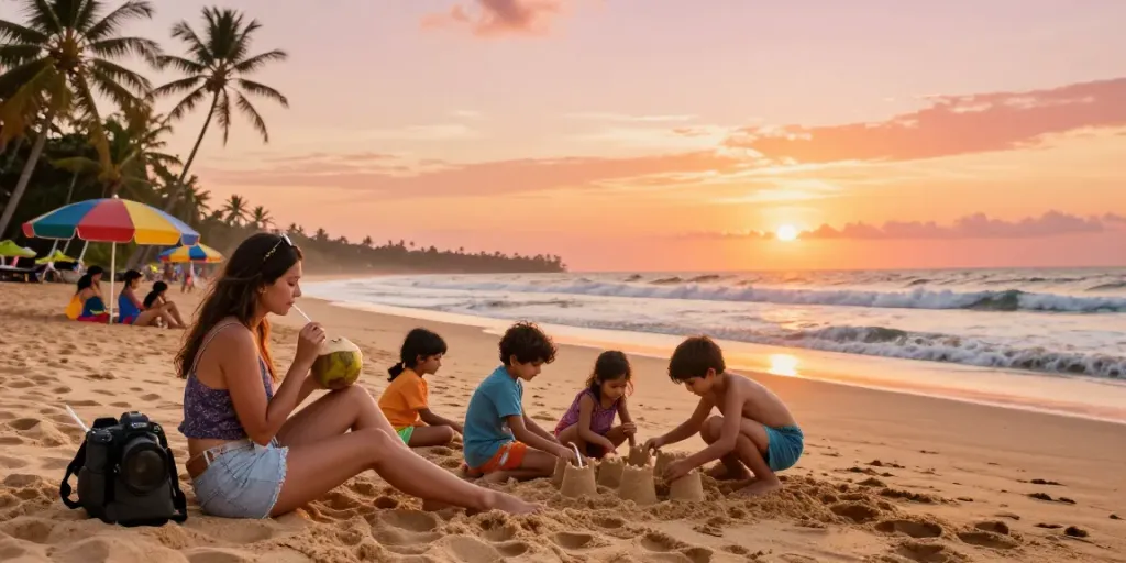 Sri Lanka tour package from Delhi: family enjoying sunset at a Sri Lankan beach.