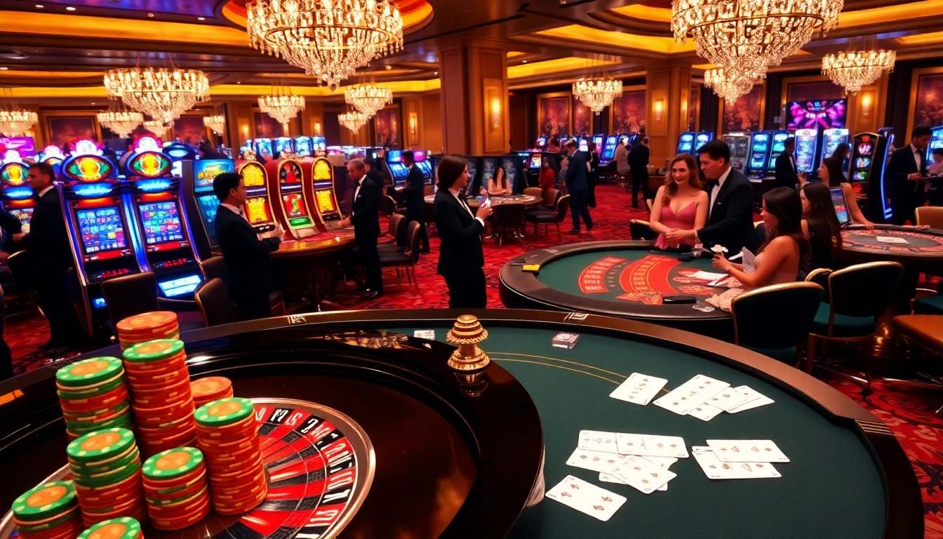 Players enjoying a thrilling gambling experience at XX88 casino with vivid games and luxury ambiance.