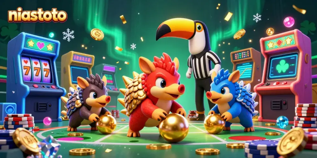NIASTOTO showcases a lively 3D scene with pangolins bowling through poker chips, enhanced by vibrant arcade machines and slot reels.