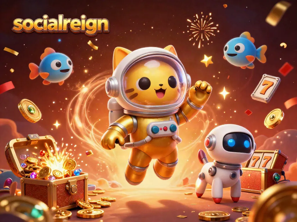 Experience the excitement of gaming at socialreign with a vibrant 3D casino scene filled with treasures.