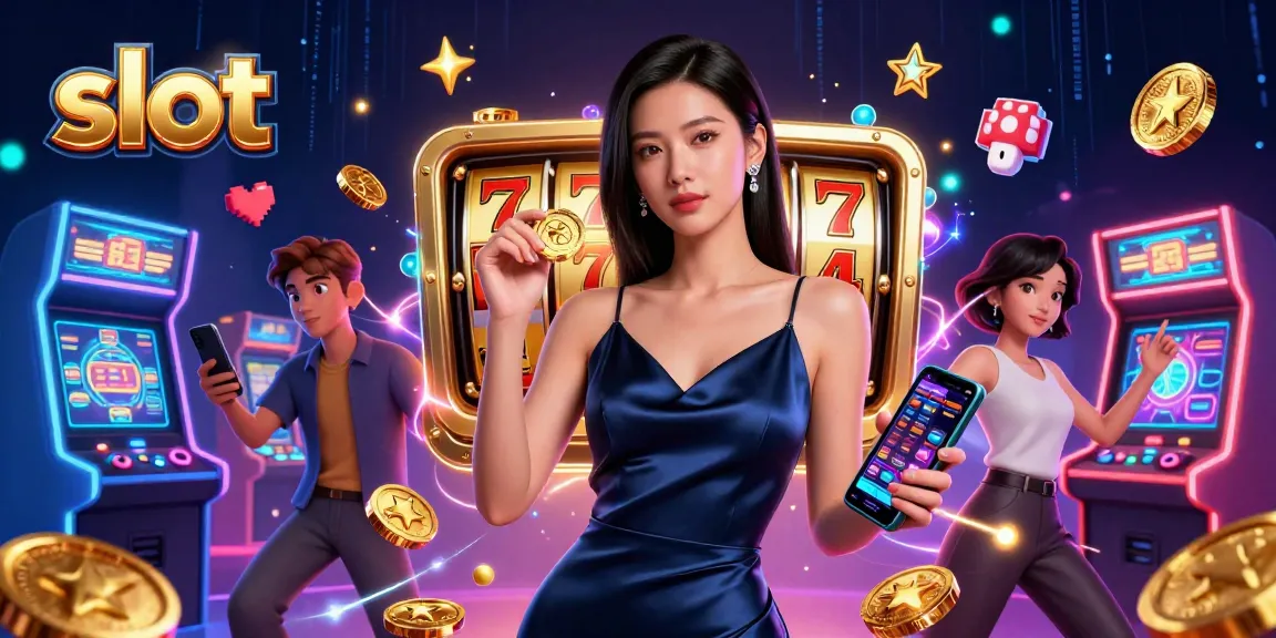 Spin the reels for big wins with vibrant slot elements and a confident player in a casino.