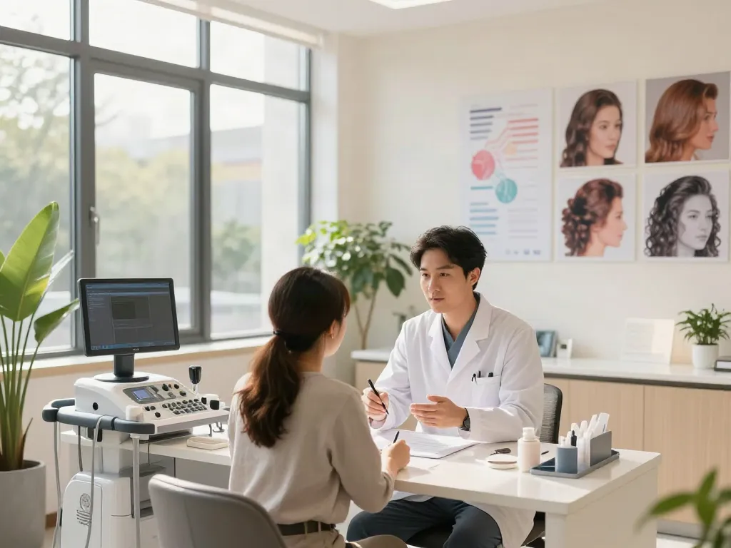 Hair transplant consultation at a modern clinic, showcasing expert guidance and care.