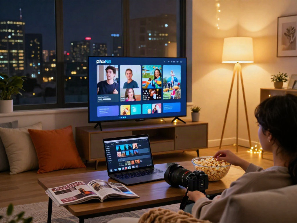 Enjoying Pikashow streamed movies in a cozy living room setting