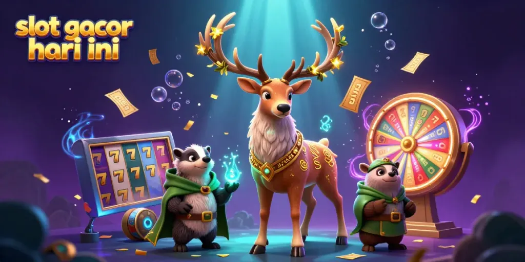 Catch the excitement of slot gacor hari ini with vibrant characters, colorful slot reels, and dynamic casino elements.
