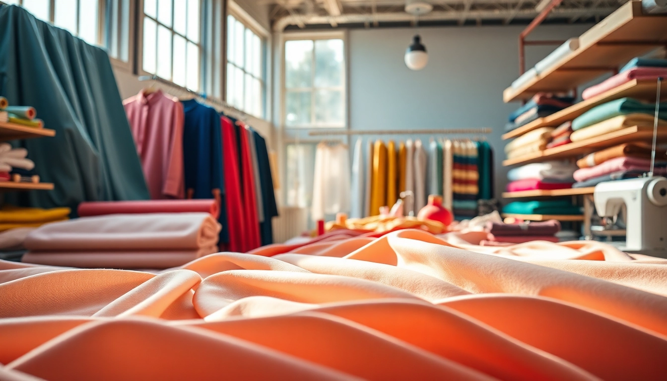 Zachte stof voor kleding met kleurrijke textielrollen in een workshop afgebeeld.