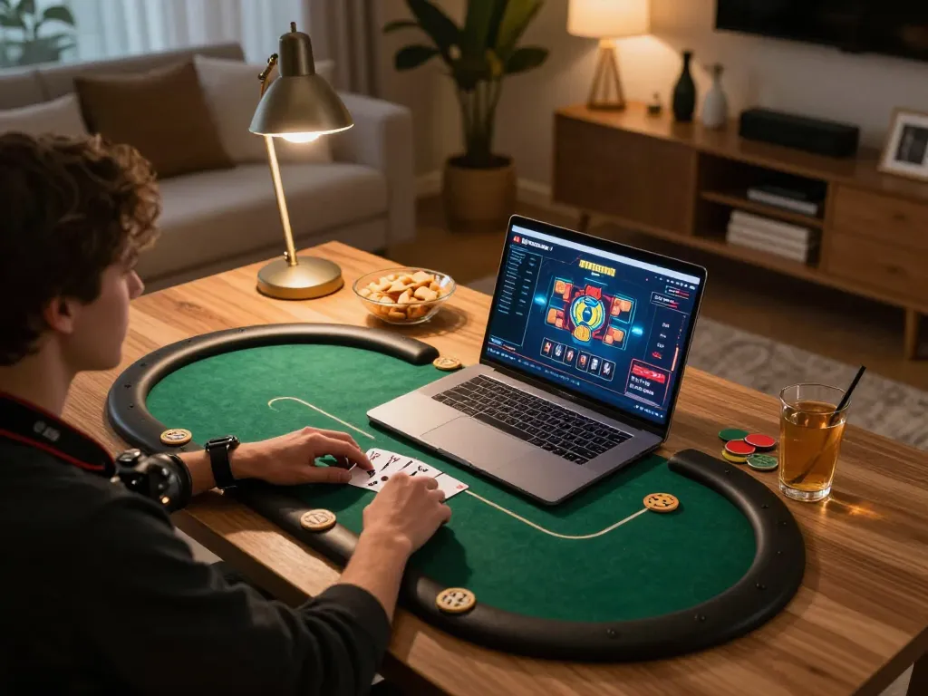 Player enjoying an exciting online poker game on a laptop at home, showcasing rik strategy.
