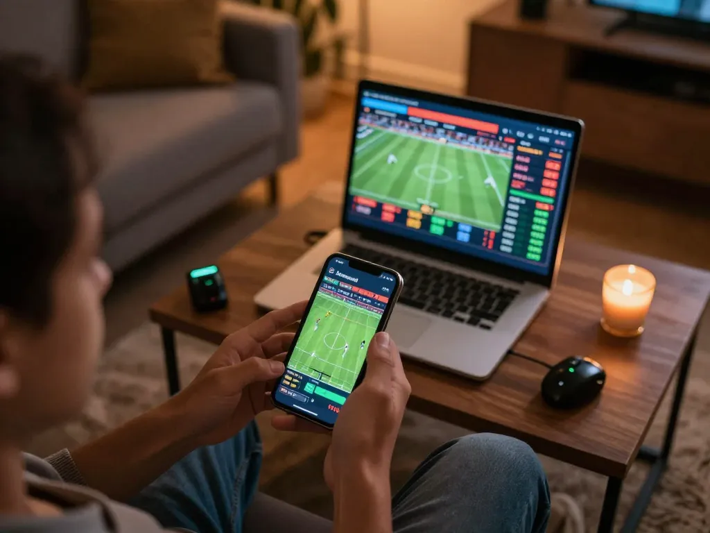 Betting on sports with GOOD88 using smartphone in a cozy living room