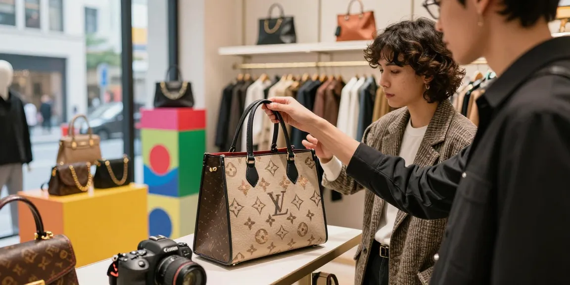 Shopping at a 레플리카 사이트, examining high-quality replica handbags in a trendy urban store.
