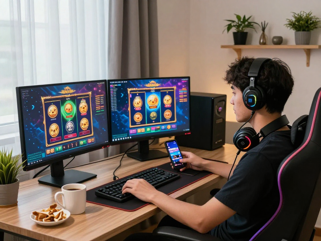 Exciting gameplay on slot gacor displayed on monitors in a vibrant gaming setup