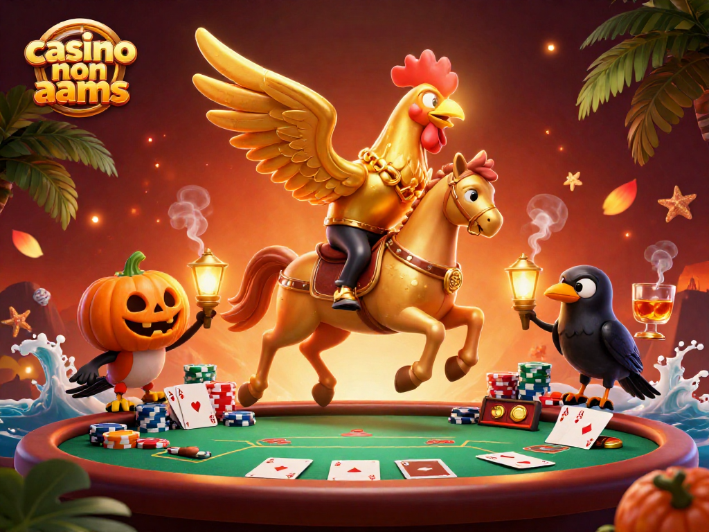Giocare nei casino non AAMS con un gallo d'oro e corvi luminosi mentre si contendono al tavolo da poker.