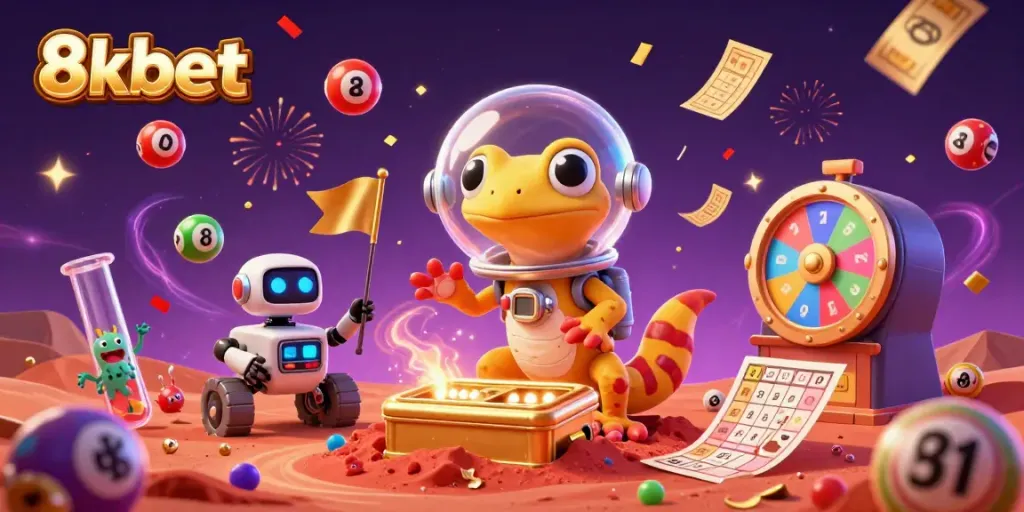 Experience excitement with 8xbet, showcasing a Martian gecko discovering a golden casino amidst vibrant game elements and celebration.