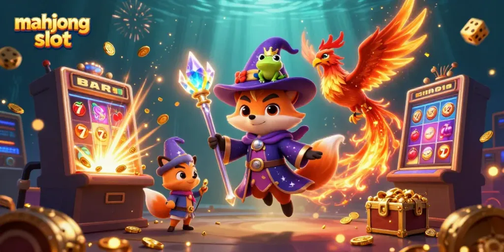 Experience the vibrant action of mahjong slot with a wizard, phoenix, and treasures exploding around them.
