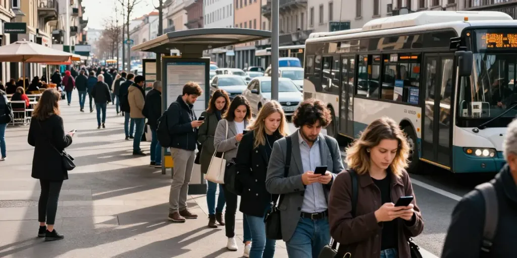 Public strikes alerts notifications for commuters in bustling Italian city.