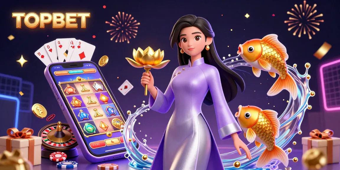 Win big with TOPBET in a vibrant casino scene featuring dynamic games and festive elements.