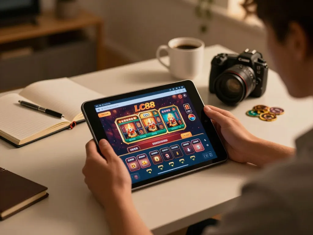 Engaged player using LC88 casino app on tablet, showcasing responsible online gambling strategy.