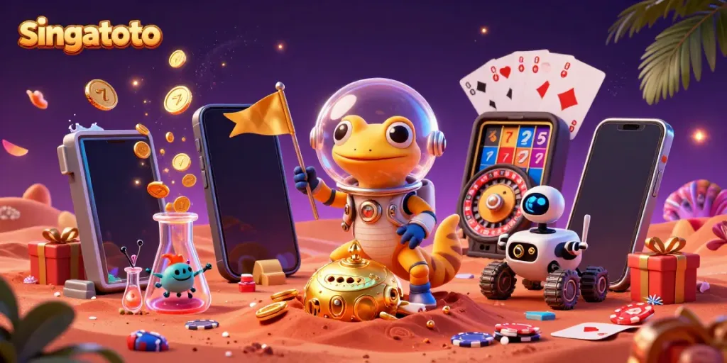 Experience thrilling gameplay with singatoto at a vibrant alien casino scene featuring colorful slot games.