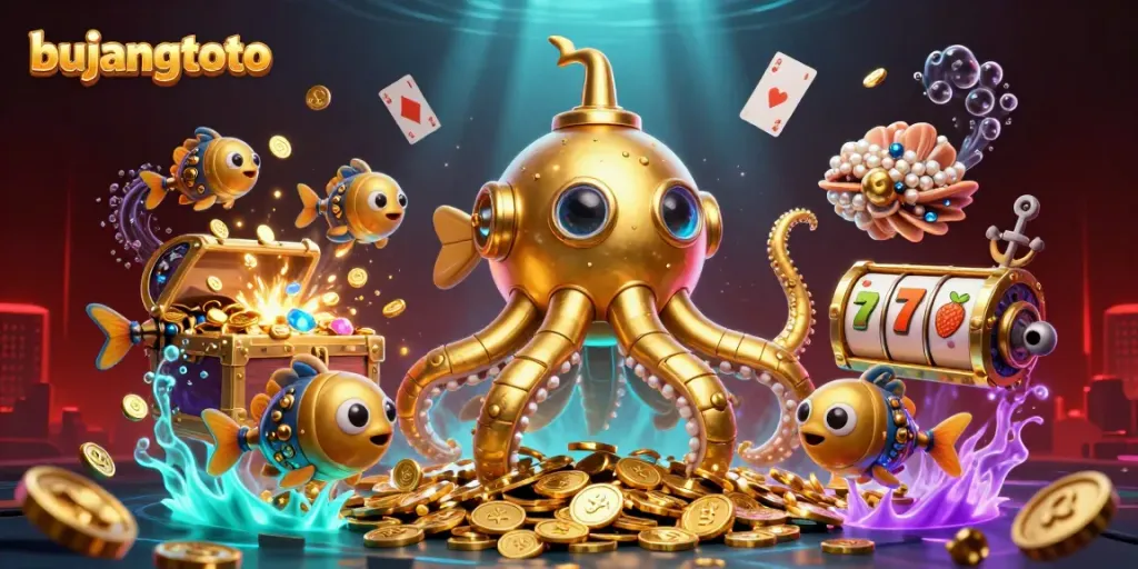 Play slots and win with bujangtoto in this vibrant 3D underwater casino scene.