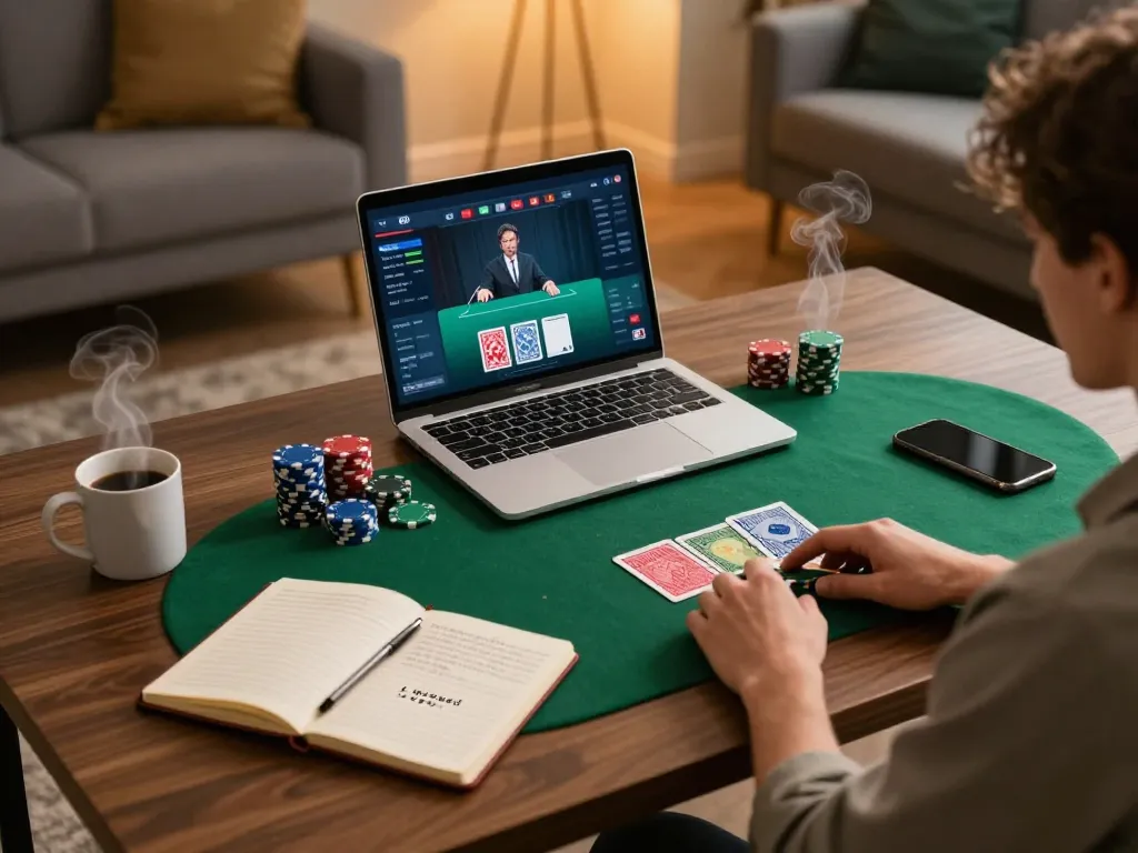 Player enjoying debet online poker game at home with chips and strategy notes.