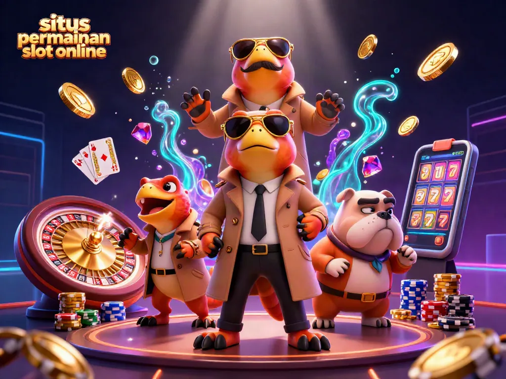 Mainkan situs permainan slot online dengan tiga raptor kartun yang lucu memasuki lounge VIP kasino.