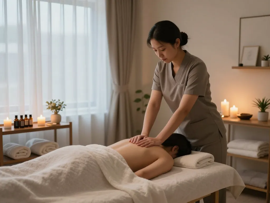Relaxing 삼성동마사지 session with a therapist providing a Swedish massage in a serene wellness space.