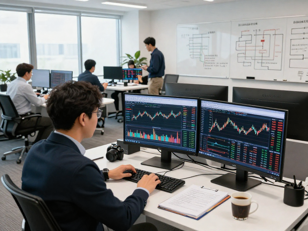 KOSPI index analysis in a modern trading office with financial metrics displayed.