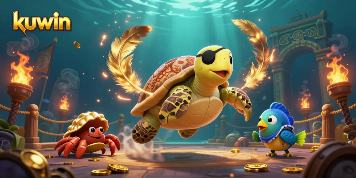 Experience kuwin's thrilling underwater adventure with a pirate turtle and friends amidst sunken treasures.