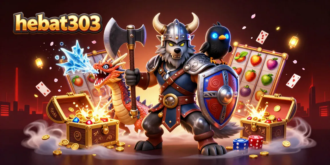 Engage with hebat303's online slot gaming adventures, featuring a Viking warrior and mystical elements.