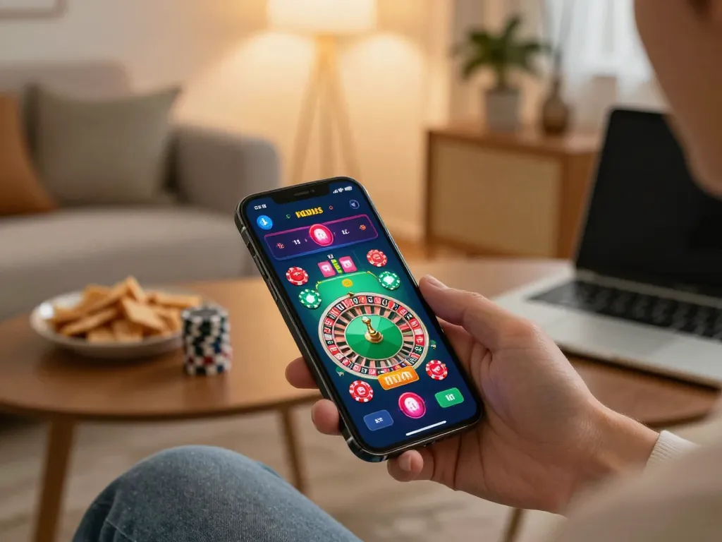 Engaging in online roulette with FIVE88 app, showcasing strategic gameplay and cozy home environment