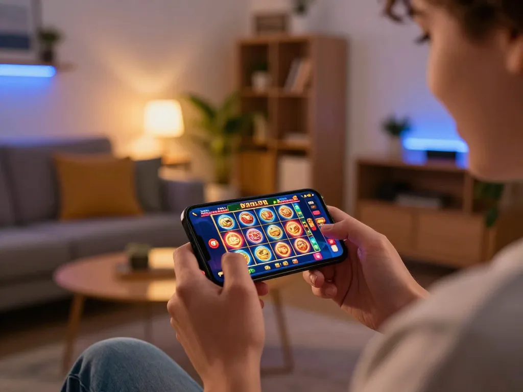 Player enjoying mobile slot games on a smartphone while exploring mb 66 features in a cozy home setting.