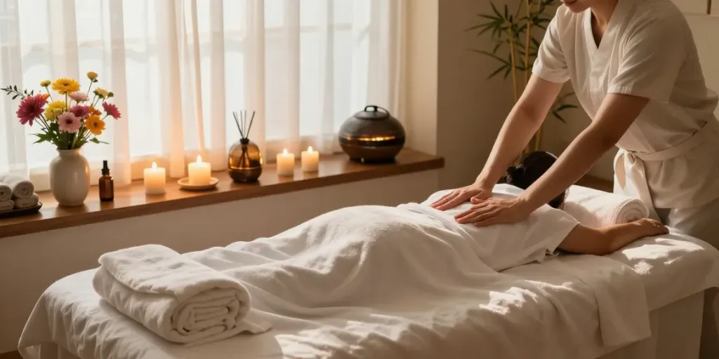Experience a rejuvenating 서울출장안마 massage in a tranquil Seoul spa setting with warm lighting.