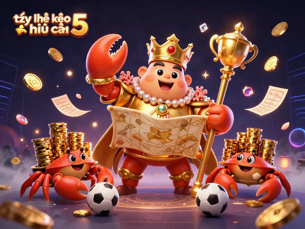 Engaging illustration depicting tỷ lệ kèo nhà cái 5 with a golden crab emperor, treasure map, and dynamic sports betting elements.