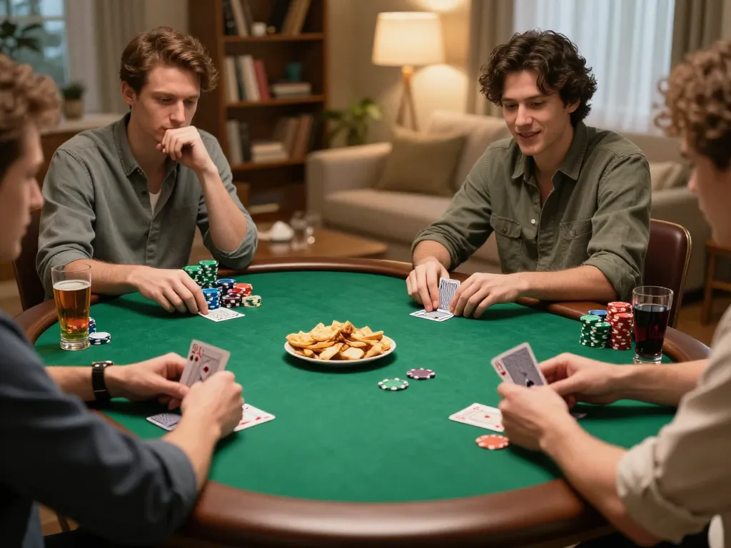 Lucky88 poker night setup with players enjoying a social game, colorful chips, and warm ambiance.