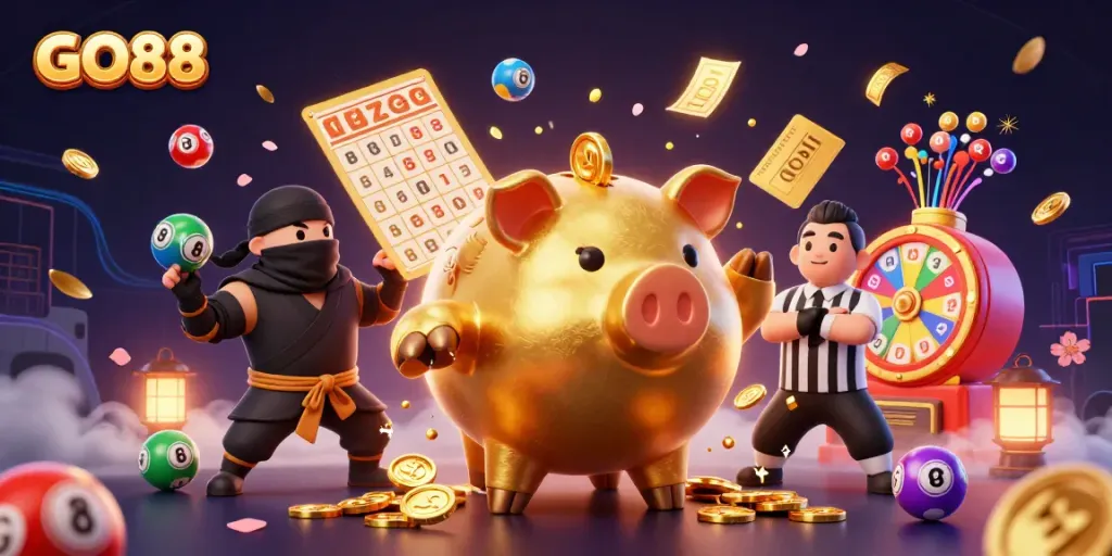 Experience exhilarating gameplay at GO88 with vibrant visuals of a golden piggy bank sumo wrestling amidst lottery excitement.