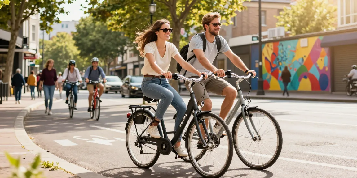 Couple enjoying a ride on a Doppio Bike in an urban setting, illustrating its design and functionality.