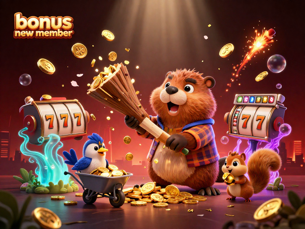 Experience the excitement of bonus new member promotions with vibrant casino elements like slot reels and golden coins.