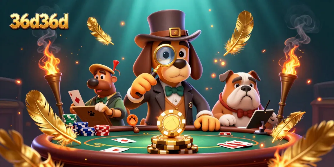 Engage with 36d36d in a packed poker scene featuring a detective and bulldog companions.