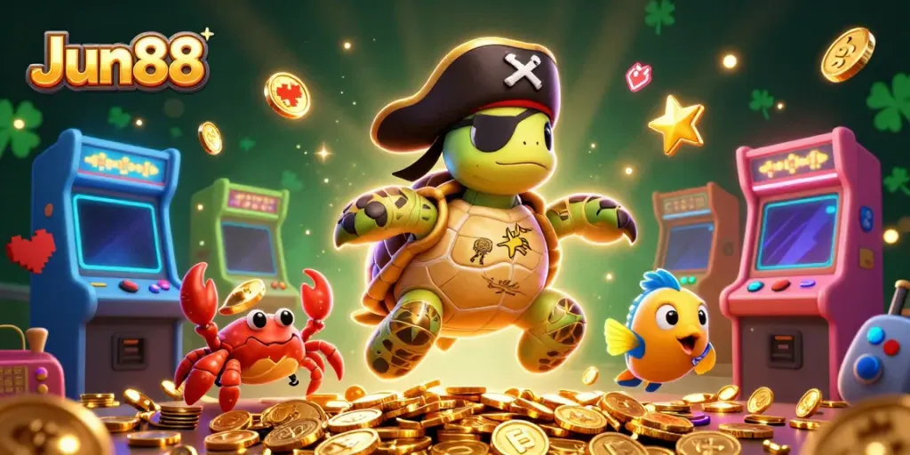 Experience the thrill of Jun88 with a vibrant casino scene featuring animated characters above slot treasures and gaming icons.