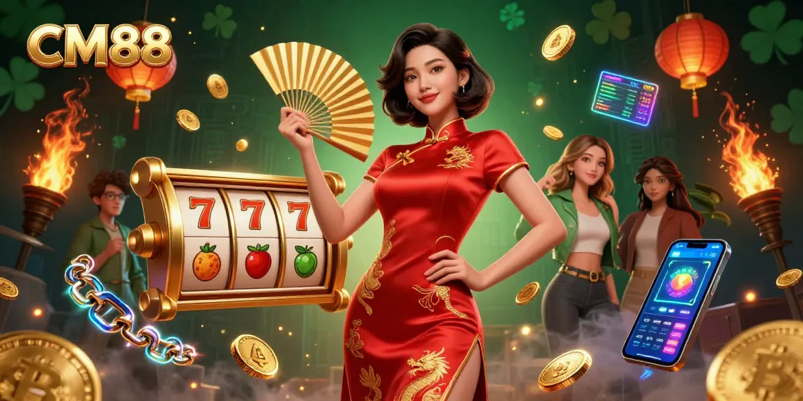 Win big at CM88 casino with vibrant gaming scene featuring stunning characters and dynamic slot elements.