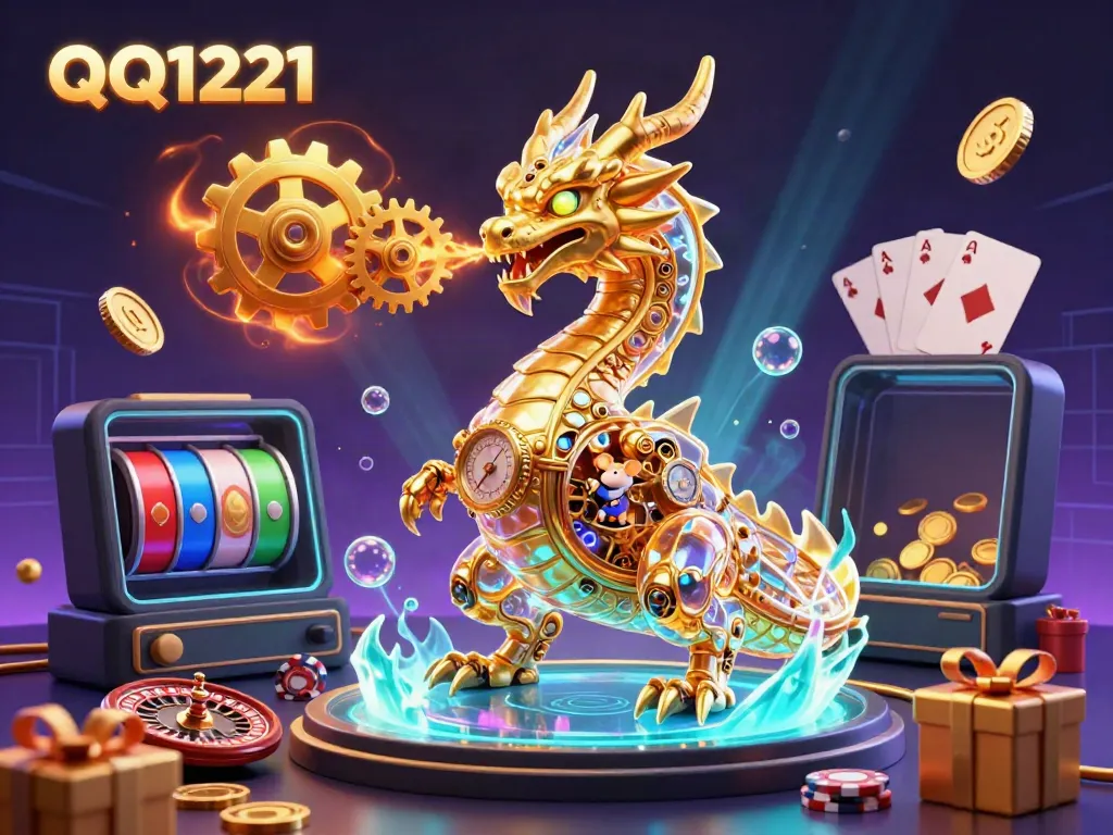 Play with QQ1221 in an exciting casino scene featuring a golden dragon, slot games, and poker chips.