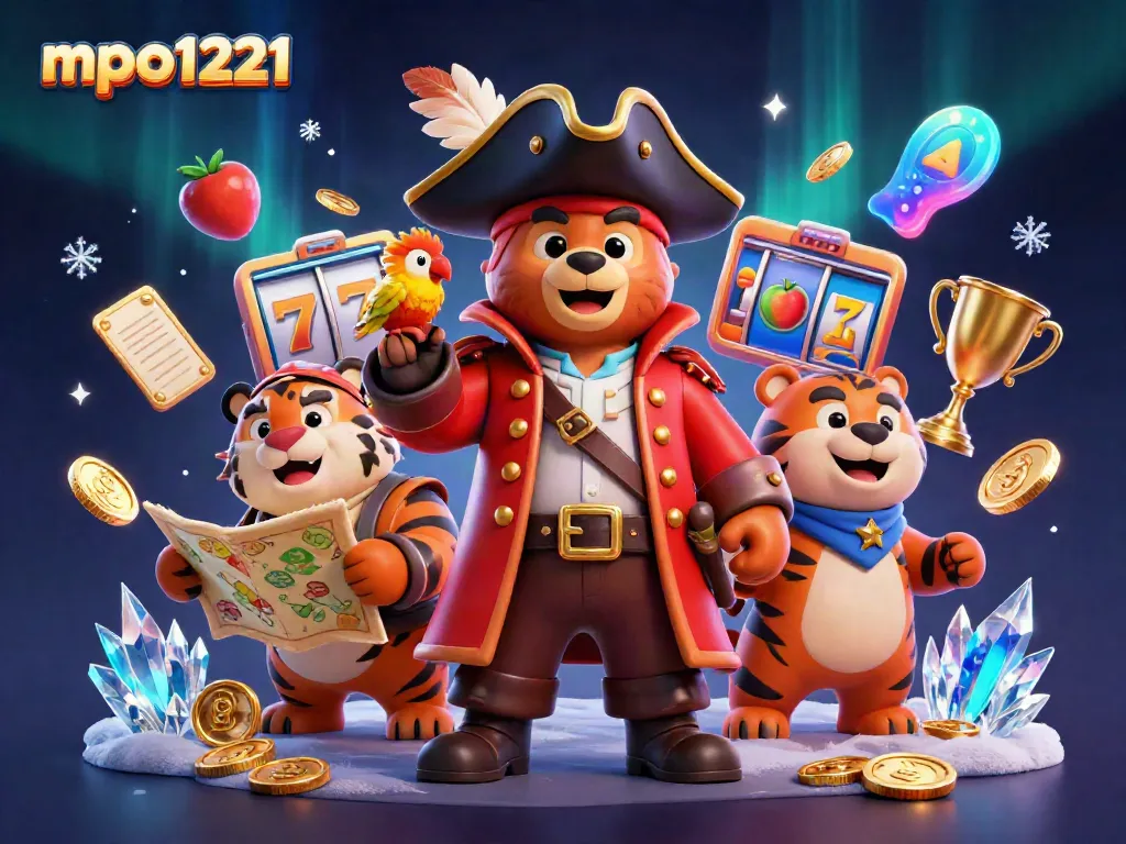 Engage with mpo1221 through a vibrant cartoon scene with slots and characters.