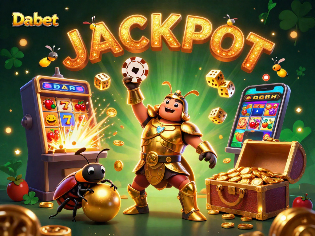 Dabet illustrates a triumphant beetle in golden armor lifting a poker chip amidst a vibrant casino scene.