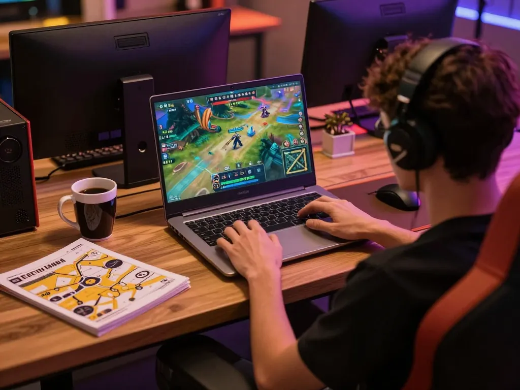 Cách Chơi Bài Tấn action as a player engages in an online card game at home with strategy materials around