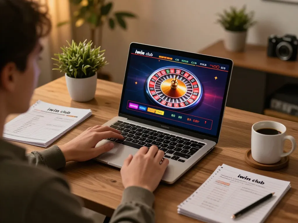 Engaging in live gaming at iwin club, showcasing a vibrant roulette wheel on laptop with notes surrounding.